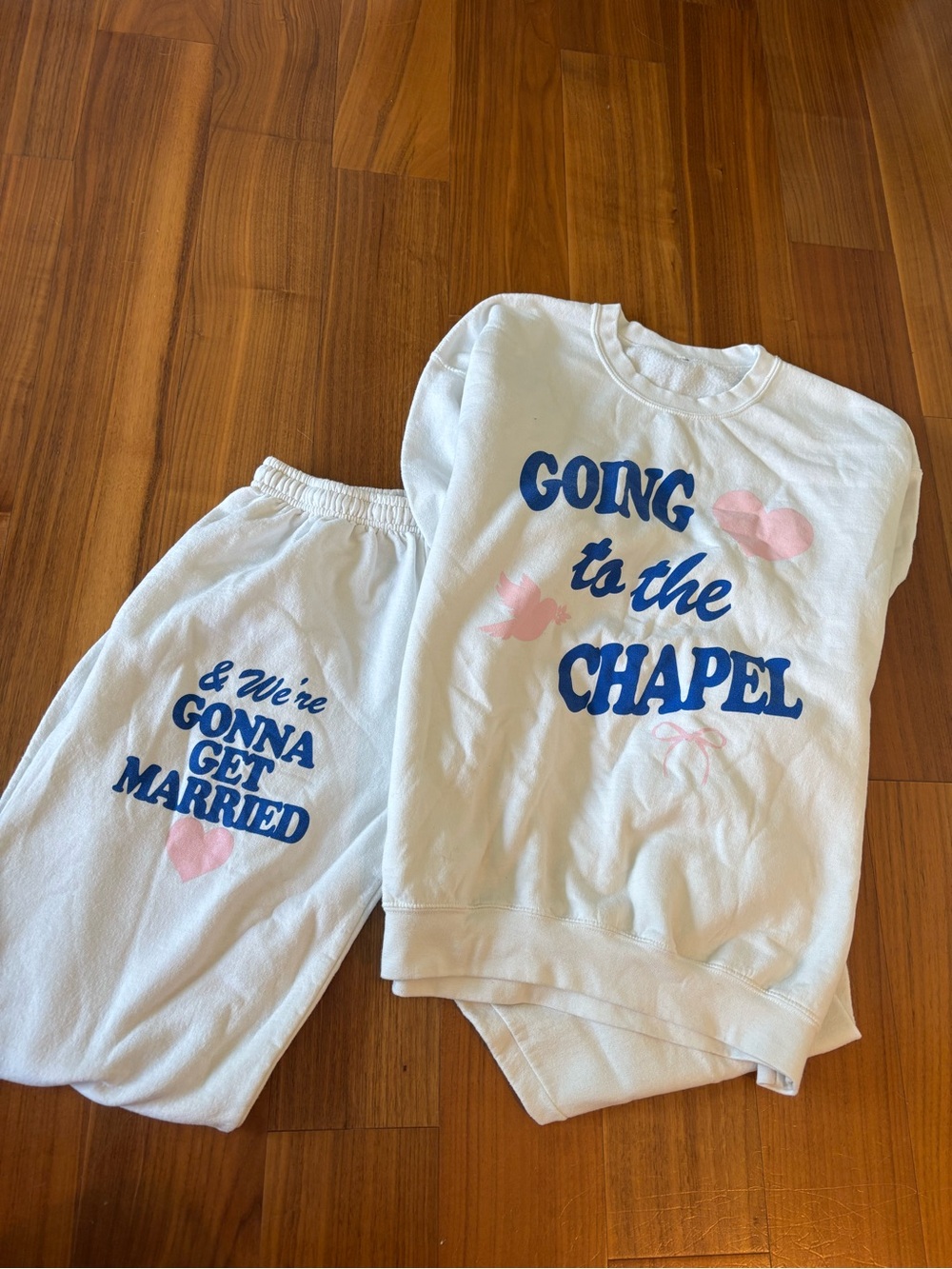 White 'Going to the Chapel' Bridal Lounge Set - Blue & Pink Print